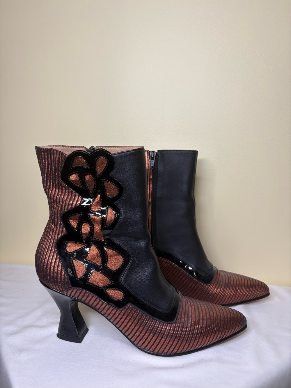 John Fluevog Black and Copper Striped Sculpted Heel Ankle Boots Size 8